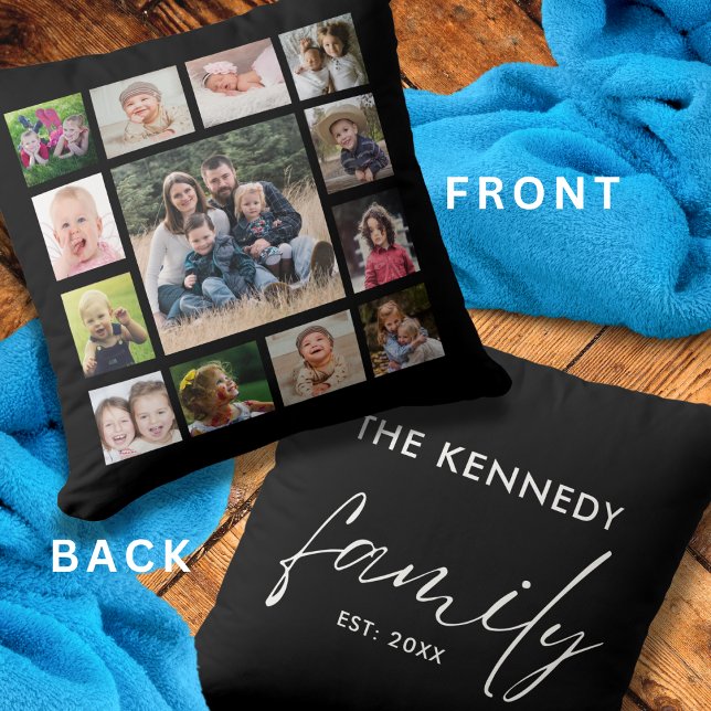 Create Your Own 13 Family Photo Collage Black Throw Pillow (Creator Uploaded)
