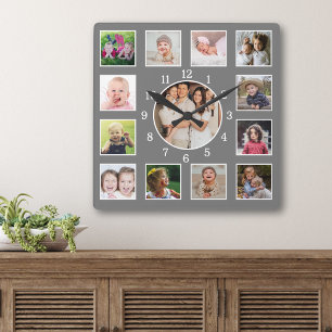 Create Your Own 13 Family Photo Collage Gray Square Wall Clock