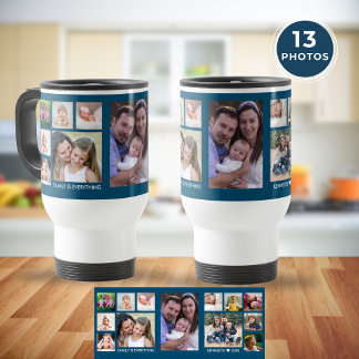 Create Your Own 13 Family Photo Collage Ocean Blue Travel Mug