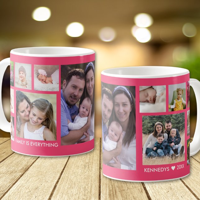 Create Your Own 13 Family Photo Collage Pink Coffee Mug (Creator Uploaded)