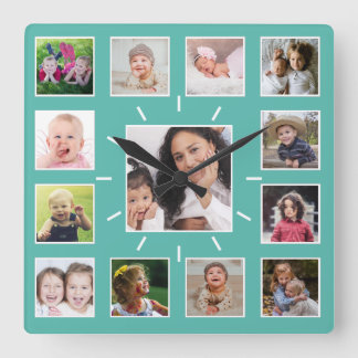 Create Your Own 13 Family Photo Collage Teal Square Wall Clock