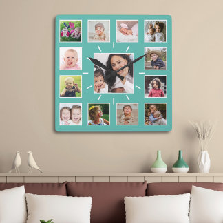 Create Your Own 13 Family Photo Collage Teal Square Wall Clock