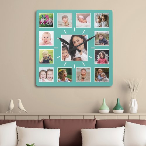 Create Your Own 13 Family Photo Collage Teal Square Wall Clock