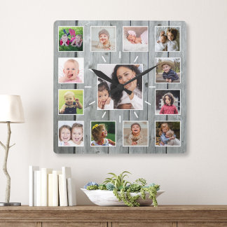 Create Your Own 13 Photo Collage Gray Wood Square Wall Clock
