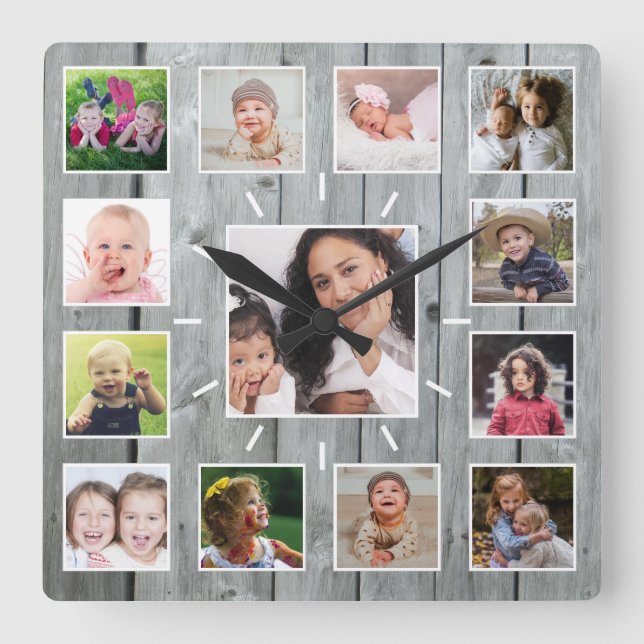 Create Your Own 13 Photo Collage Gray Wood Square Wall Clock (Front)