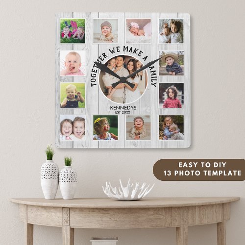 Create Your Own 13 Photo Collage Quote White Wood  Square Wall Clock