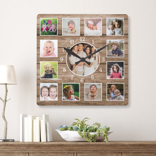 Create Your Own 13 Photo Collage Rustic Barn Wood Square Wall Clock