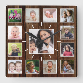 Create Your Own 13 Photo Collage Rustic Dark Wood Square Wall Clock