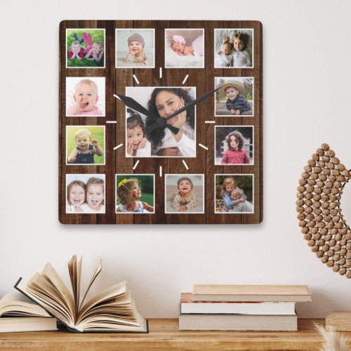 Create Your Own 13 Photo Collage Rustic Dark Wood Square Wall Clock