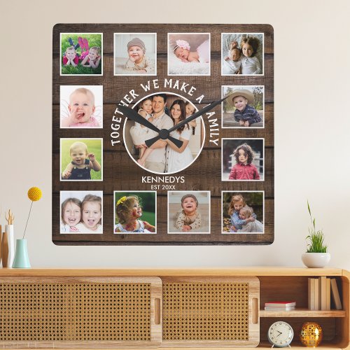 Create Your Own 13 Photo Collage Rustic Dark Wood  Square Wall Clock