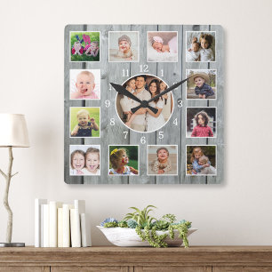 Create Your Own 13 Photo Collage Rustic Gray Wood Square Wall Clock