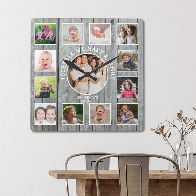 Create Your Own 13 Photo Collage Rustic Gray Wood Square Wall Clock (Picture frame family quote 13 photo collage gray wood wall clock)