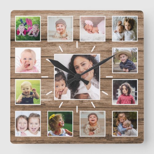 Create Your Own 13 Photo Collage  Rustic Wood Square Wall Clock