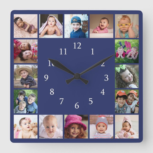 Create Your Own 16 Family Photo Collage Blue Square Wall Clock (Front)
