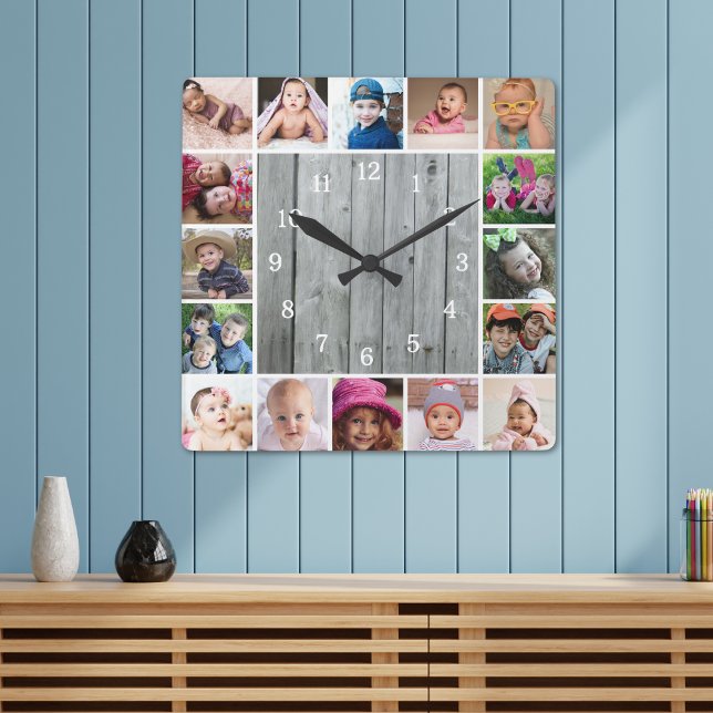 Create Your Own 16 Photo Collage Rustic Gray Wood Square Wall Clock (Creator Uploaded)