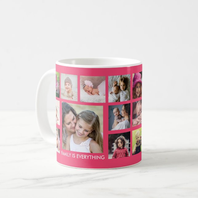 Create Your Own 18 Family Photo Collage Pink Coffee Mug (Front Left)