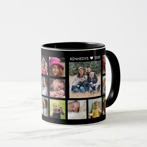 Create Your Own 18 Photo Collage Family Name Black Mug
