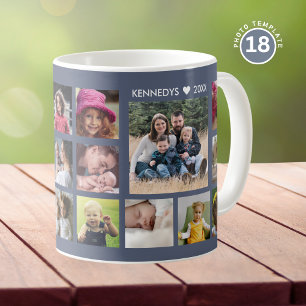 Create Your Own 18 Photo Collage Family Name Blue Coffee Mug