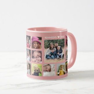 Create Your Own 18 Photo Collage Family Name Pink Mug