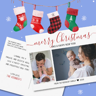 Create Your Own 2 Family Photo Red Merry Christmas Holiday Postcard