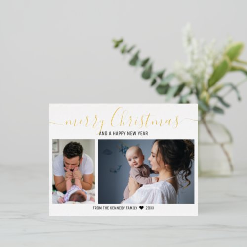 Create Your Own 2 Photo Baby First Christmas   Foil Holiday Postcard