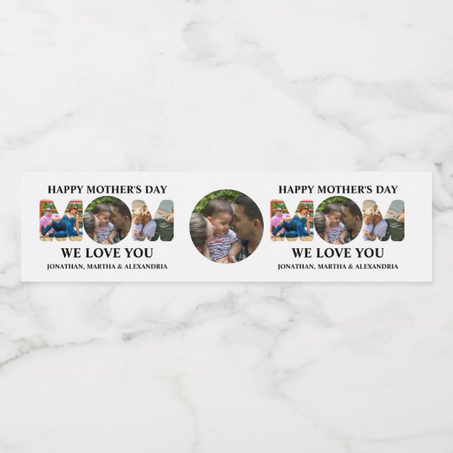 Create your own 3 photo collage Happy Mothers day Water Bottle Label (Single Label)