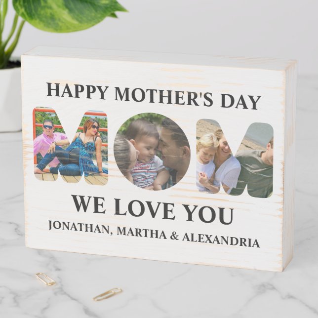 Create your own 3 photo collage Happy Mothers day Wooden Box Sign (In Situ Horizontal)