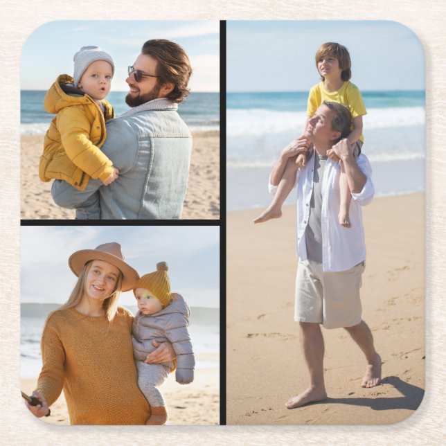Create Your Own 3 Photo Collage Square Paper Coaster (Front)