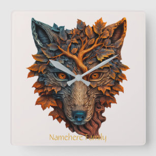 Create Your Own 3D Faux Bois Carved Wolf Head Square Wall Clock