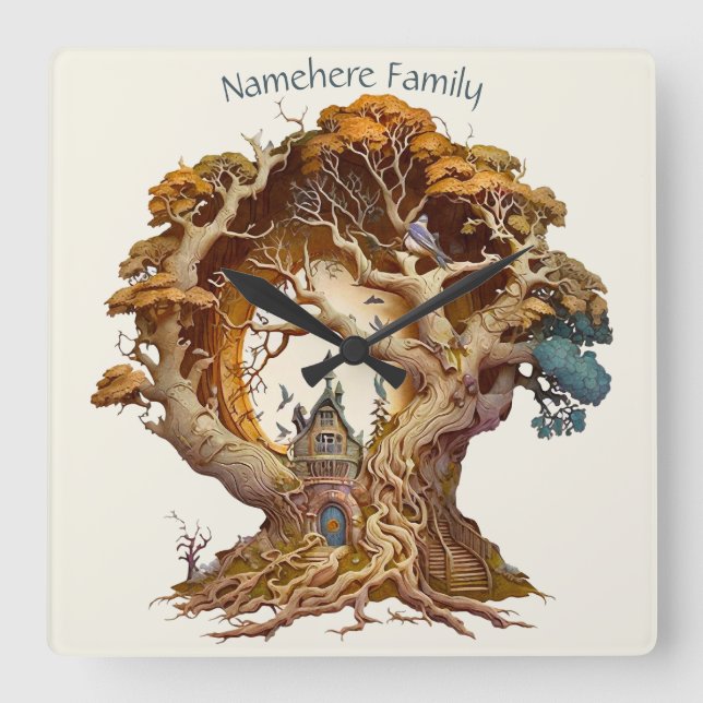 Create Your Own 3D Faux Bois Fairy Tree House Square Wall Clock (Front)