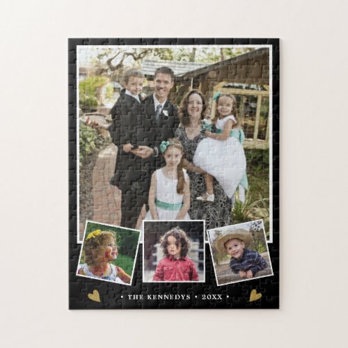 Create Your Own 4 Family Name Photo Collage Black Jigsaw Puzzle