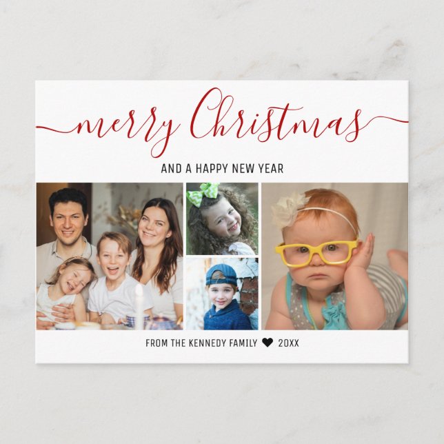 Create Your Own 4 Family Photo Red Merry Christmas Holiday Postcard (Front)