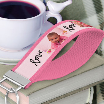 Create Your Own 4 Photo Collage And Love Pink Wrist Keychain by darlingandmay at Zazzle