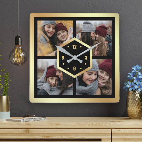 Create Your Own 4 Photo Collage Black and Gold Square Wall Clock