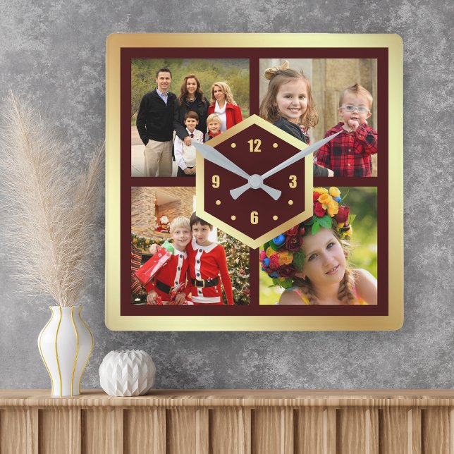 Create Your Own 4 Photo Collage Burgundy and Gold Square Wall Clock (Creator Uploaded)