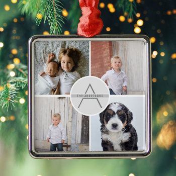 Create Your Own 4 Photo Collage Family Monogram Metal Ornament by littleteapotdesigns at Zazzle