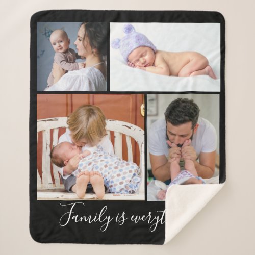 Create Your Own 4 Photo Collage Family Quote Black Sherpa Blanket