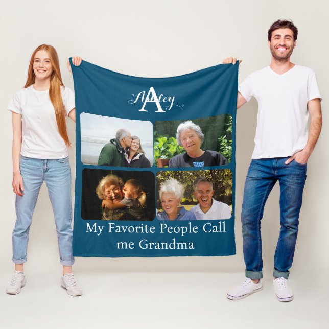 Create your own 4 Photo Collage Grandma Monochrome Fleece Blanket (In Situ)