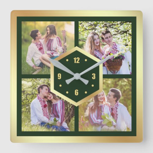 Create Your Own 4 Photo Collage Green and Gold Square Wall Clock