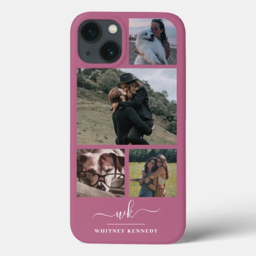 Create Your Own 4 Photo Collage Pink Monogram iPhone 13 Case