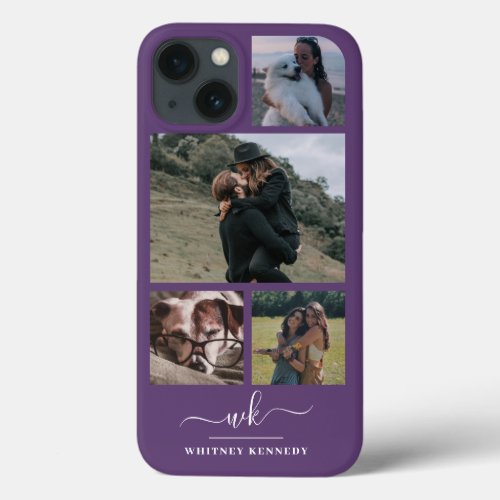 Create Your Own 4 Photo Collage Purple Monogram iPhone 13 Case