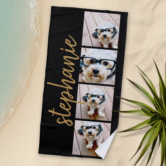 Create Your Own 4 Photo Collage - Script Name Beach Towel (Personalized Beach Towel with Photos and Text)