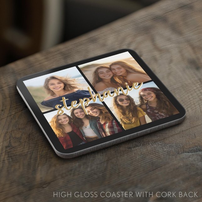 Create Your Own 4 Photo Collage - Script Name Beverage Coaster (Custom Photo Collage Coaster)