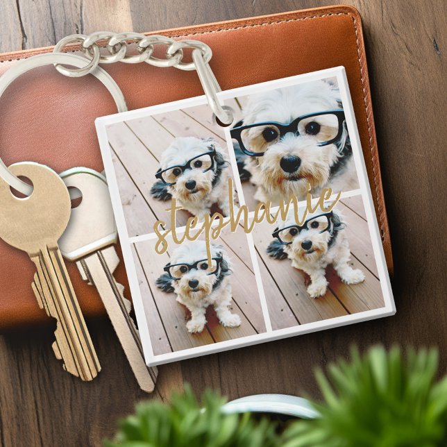 Create Your Own 4 Photo Collage - Script Name Keychain (Personalized keychain with photo collage and monogram)
