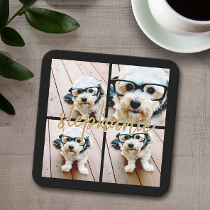 Create Your Own 4 Photo Collage - Script Name Square Paper Coaster