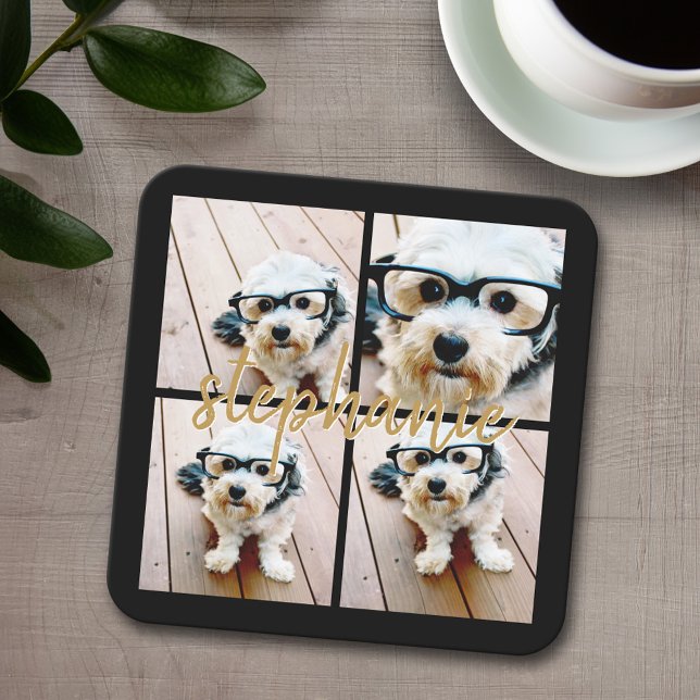 Create Your Own 4 Photo Collage - Script Name Square Paper Coaster (Personalized coaster with 4 photos and text)