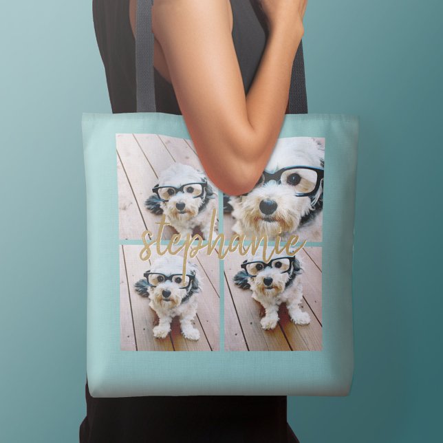 Create Your Own 4 Photo Collage - Script Name Tote Bag (Personalized tote bag with photos collage and text)