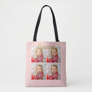 Create Your Own 4 Photo Collage whit Script Name Tote Bag