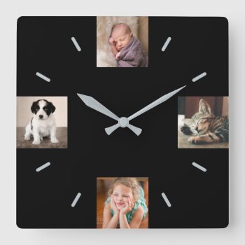 Create Your Own 4 Photo Modern Black Square Wall Clock by RocklawnArts at Zazzle