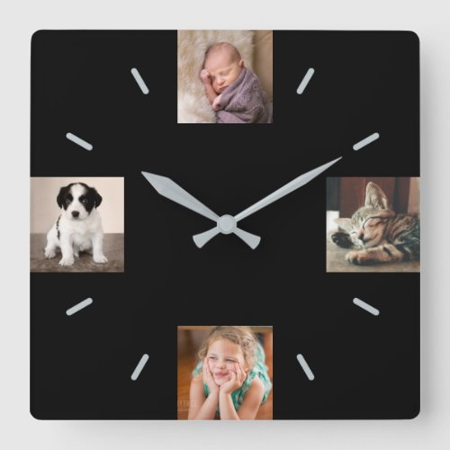Create Your Own 4 Photo Modern Black Square Wall Clock